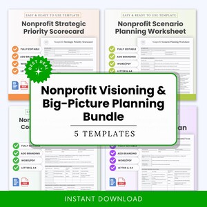 Könnte beinhalten: Ein Paket mit fünf gemeinnützigen Planungsvorlagen, darunter eine strategische Prioritäten-Scorecard und ein Szenarienplanungs-Arbeitsblatt. Die Vorlagen sind vollständig editierbar, ermöglichen Branding und sind in Word/PDF-Formaten und im A4-Format verfügbar. Der Text "Sofort-Download" ist enthalten.