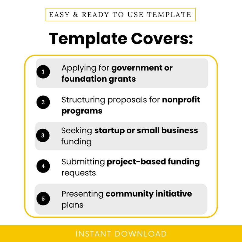 Visual showing five main use cases for the grant application template: government grants, nonprofit proposals, startup funding, project-based requests, and community initiatives. Modern layout with bold keywords for quick comprehension.