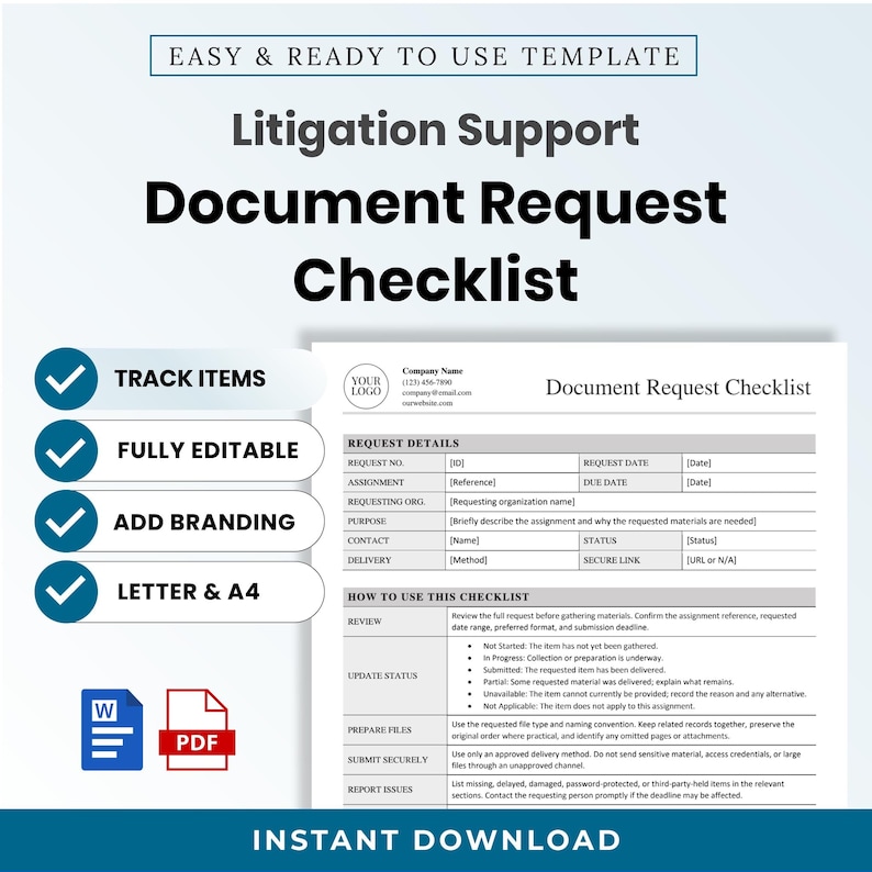 Document Request Checklist for litigation support teams, shown as a clean professional template for tracking requested case materials, formats, deadlines, and item status.
