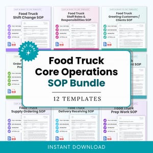 May include: A digital bundle of 12 food truck standard operating procedure templates. The central label reads Food Truck Core Operations SOP Bundle. Each template includes features like fully editable text, branding options, and Word, PDF, and letter/A4 formats.