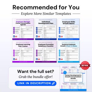 Career Development & Growth Conversations Bundle Template Word and Career Development & Growth Conversations Bundle Template PDF shown as a recommended full set for managers and HR teams. This editable and printable business template bundle helps users compare related employee development templates and choose the complete set for career conversations, IDP planning, skills growth, learning plans, promotion readiness, and quarterly check-ins.