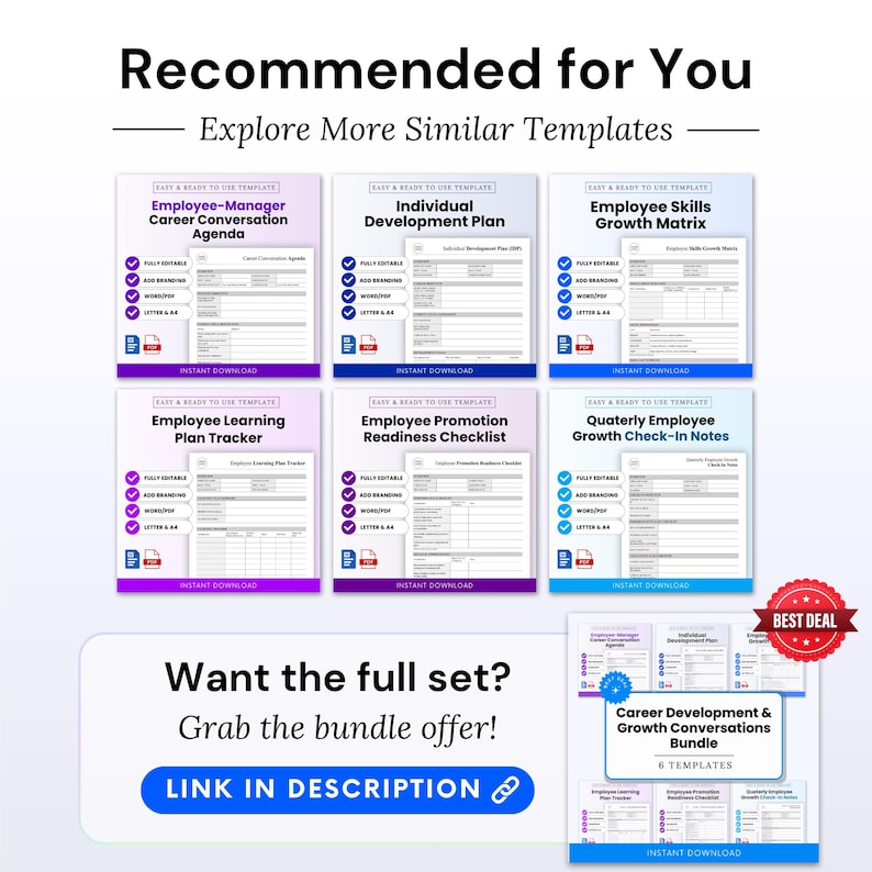 Career Development & Growth Conversations Bundle Template Word and Career Development & Growth Conversations Bundle Template PDF shown as a recommended full set for managers and HR teams. This editable and printable business template bundle helps users compare related employee development templates and choose the complete set for career conversations, IDP planning, skills growth, learning plans, promotion readiness, and quarterly check-ins.