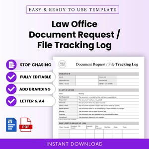 May include: A digital Law Office Document Request and File Tracking Log template. The document features an overview section, a status guide with definitions, and a tracking log table. It includes icons for Word and PDF file formats.