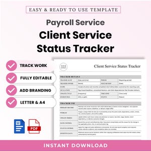 Peut inclure: Un modèle numérique de suivi de statut de service client pour la paie, présentant un document blanc avec du texte noir, organisé en sections pour les détails et l'utilisation. La mise en page inclut des espaces pour la marque, des icônes Word et PDF.