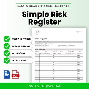 Simple Risk Register Template (Word, PDF) | Project Management Template, Project Risk Register, Risk Assessment Template, Business Risk Log