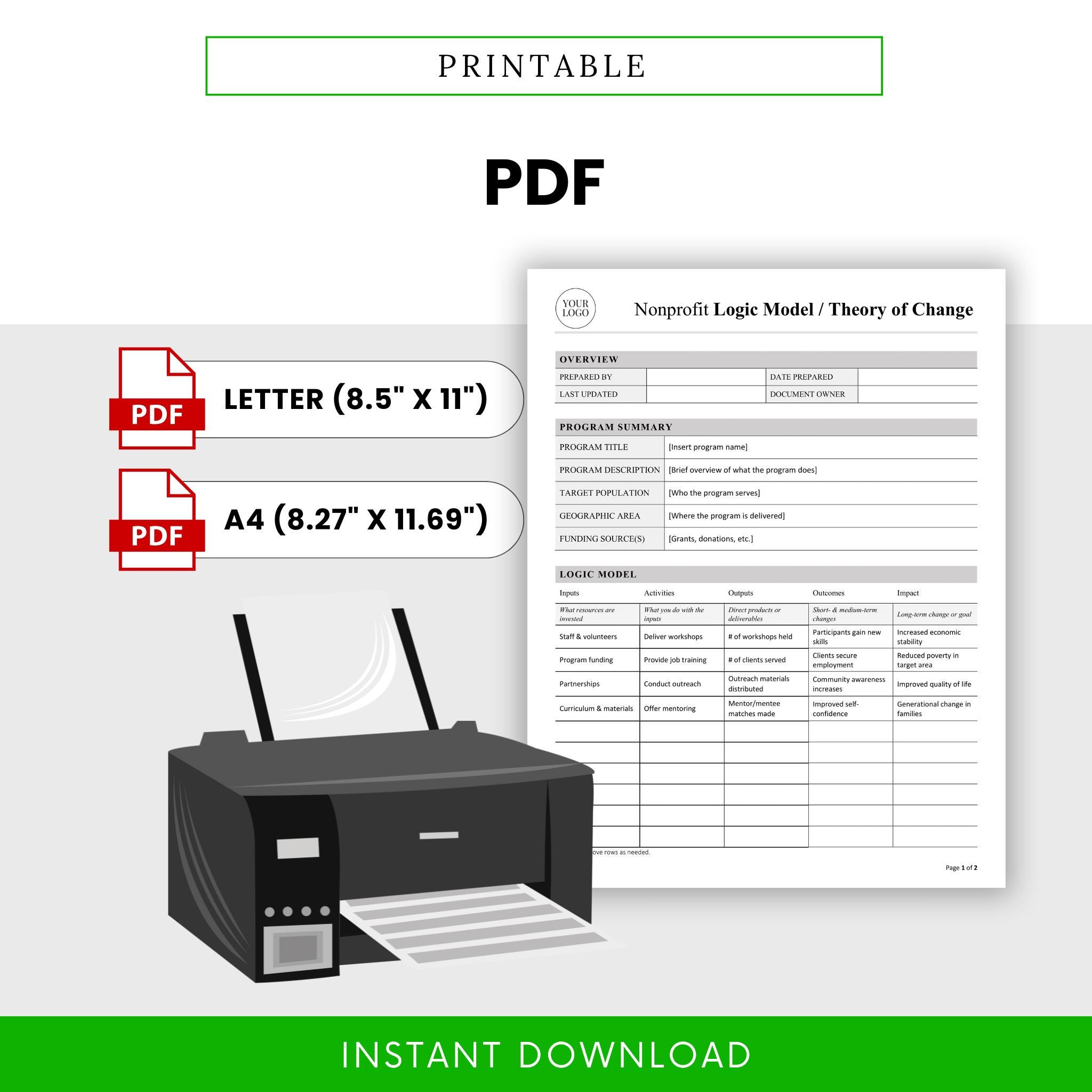 Nonprofit Logic Model / Theory of Change Template – Word & PDF, A4 + US ...