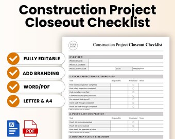 Construction Project Closeout Checklist Template – Word & PDF, A4 + US Letter