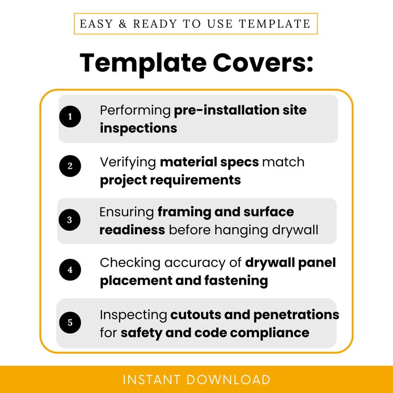 Pre Drywall Checklist.pdf Drywall Installation Checklist Template – Word & PDF, A4 + US Letter - Etsy