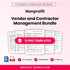 Op de afbeelding: Een digitaal pakket met 12 professionele sjablonen voor leveranciers- en contractbeheer voor non-profitorganisaties. De documenten bevatten secties voor behoeften, inkoopinstructies en prestatiebeoordelingen, beschikbaar in A4-formaat.