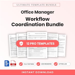 May include: A digital document set titled Ultimate Template Bundle, Office Manager Workflow Coordination Bundle, featuring 12 pro templates. Includes Word and PDF icons, fully editable, add branding, and letter and A4 size options.