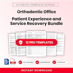 以下が含まれることがあります： 矯正歯科オフィス向けのデジタルテンプレートバンドル。ULTIMATE TEMPLATE BUNDLE、Orthodontic Office、Patient Experience and Service Recovery Bundle、12 PRO TEMPLATESというテキストが表示されています。WordとPDFのアイコン、編集可能なオプションが含まれています。