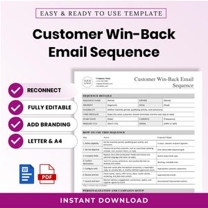 May include: A digital template for a Customer Win-Back Email Sequence featuring sections for sequence details and instructions. The document includes fields for company information, sequence name, owner, segment, goal, eligibility, and core message.