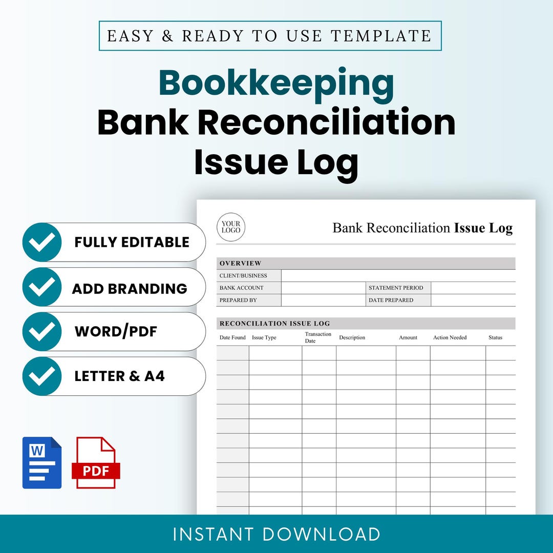 Bookkeeping Bank Reconciliation Issue Log Template – Word & PDF, A4 ...