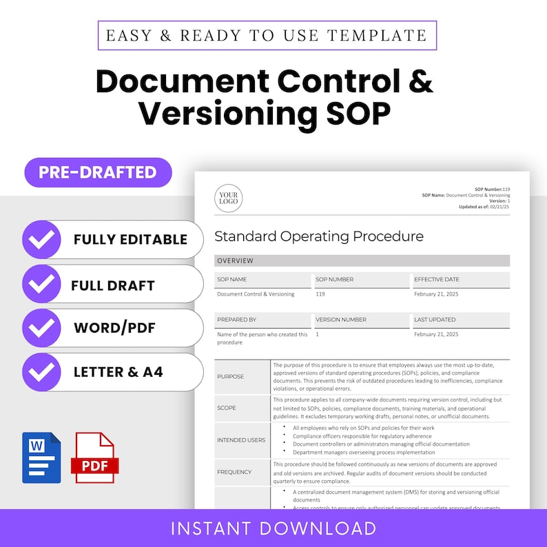 Document Control & Versioning SOP Template (word, PDF) | Simple ...