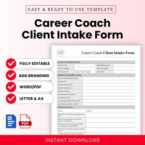 Op de afbeelding: Een witte Career Coach Client Intake Form template met een vetgedrukte zwarte titel. Het formulier bevat secties voor klantinformatie, service details en klantdoelen. De template is volledig bewerkbaar en beschikbaar in Word/PDF.