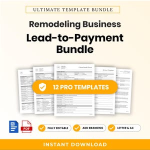 Op de afbeelding: Ultimate Template Bundle voor renovatiebedrijven, met een lead-to-payment systeem en 12 professionele sjablonen. Bevat documenten voor klantintake, offertes en facturen in Word- en PDF-formaten, geschikt voor A4-papierformaten.