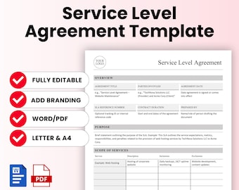 Service Level Agreement Template (Word, PDF) | Professional SLA, Service Contract | Freelancers, Consultants, IT Service Providers, Agencies