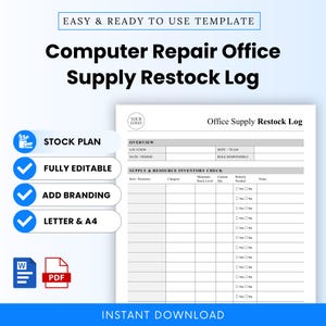 May include: A digital template for a Computer Repair Office Supply Restock Log. The document features sections for overview, location, date, and a table for inventory tracking with columns for item, category, stock levels, and restock status checkboxes.