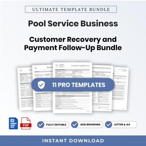 Puede incluir: Un paquete digital de 11 plantillas profesionales para un negocio de servicio de piscinas, incluyendo formularios de recuperación de clientes y seguimiento de pagos. Documentos editables en formatos Word y PDF, tamaños Letter y A4.