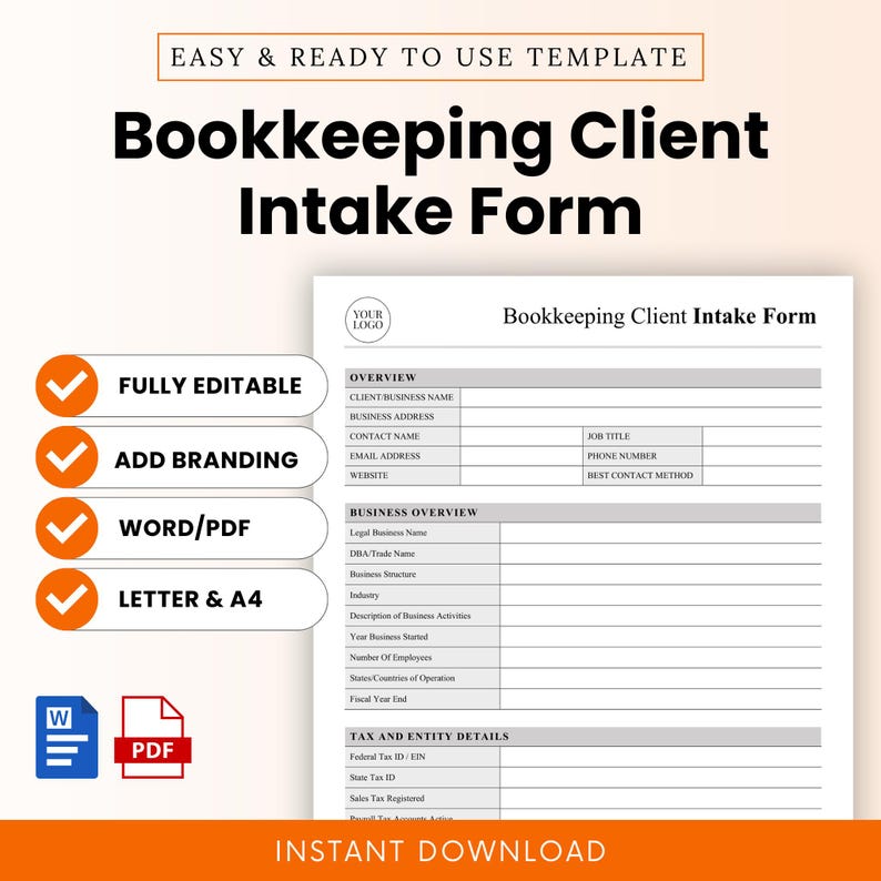 Bookkeeping Client Intake Form Template – Word & PDF, A4 + US Letter - Etsy