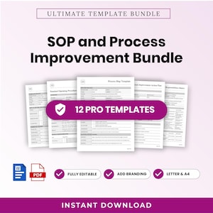Può includere: Ultimate Template Bundle che include SOP and Process Improvement Bundle con 12 modelli professionali. Include icone Word e PDF, completamente modificabile, aggiunta di branding, formati letter e A4, e testo per il download immediato.