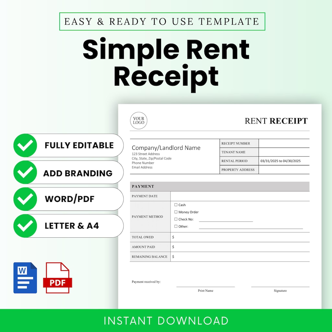Simple Rent Receipt Template (word, PDF) | Rental Receipt, Rent Receipt ...