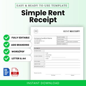 Simple Rent Receipt Template (Word, PDF) | Rental Receipt, Rent Receipt Template Word, Rental Receipt Template Word, Landlord Rent Receipt
