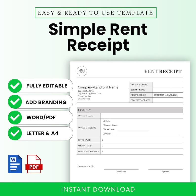 Simple Rent Receipt Template (word, PDF) | Rental Receipt, Rent Receipt ...