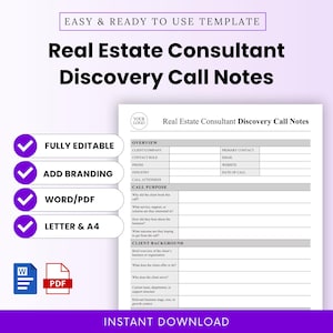 Könnte beinhalten: Eine weiße und lila Vorlage mit dem Titel "Real Estate Consultant Discovery Call Notes". Die Vorlage enthält Abschnitte für Kundeninformationen, den Zweck des Anrufs und den Hintergrund des Kunden. Zu den Funktionen gehören "Vollständig bearbeitbar", "Branding hinzufügen" und "Word/PDF".