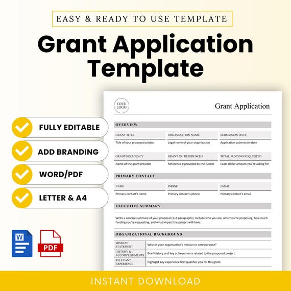 Simple Grant Application Template (Word, PDF) | Nonprofits & Small Business, Editable Word, Printable PDF, Letter, A4, Funding Proposal Form