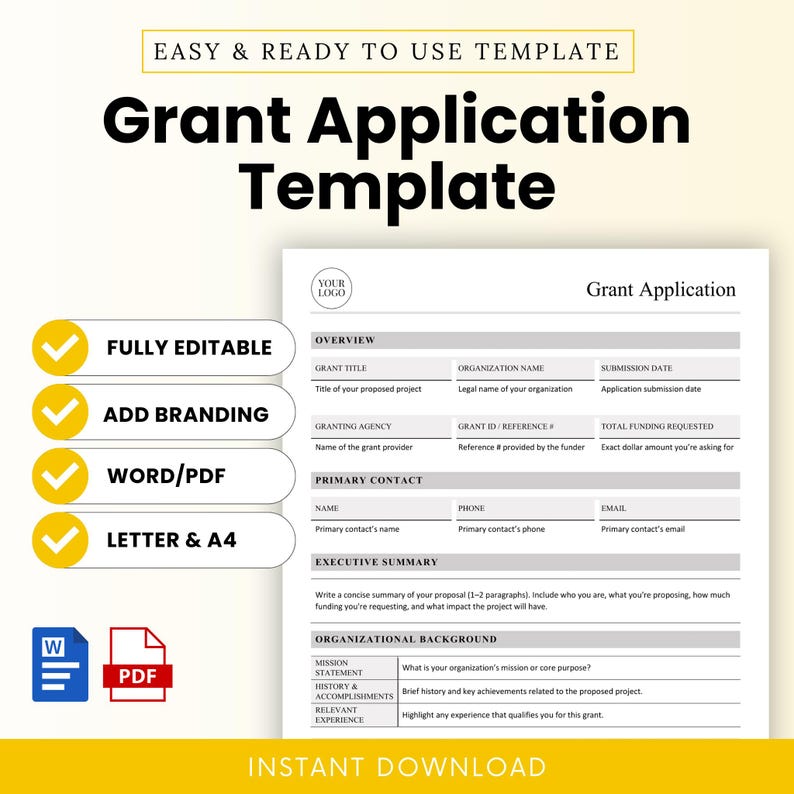 Mockup of a clean and professional grant application template with labeled sections such as Overview, Executive Summary, and Budget. Includes icons for editable Word and PDF formats and text highlighting key features like full editability and print-ready design.