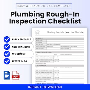 Peut inclure: Un modèle de liste de contrôle d'inspection de plomberie brute, prêt à l'emploi. Le document comprend des sections pour les détails du projet, les conditions générales, les conduites d'alimentation et les déchets de drainage et d'évent.