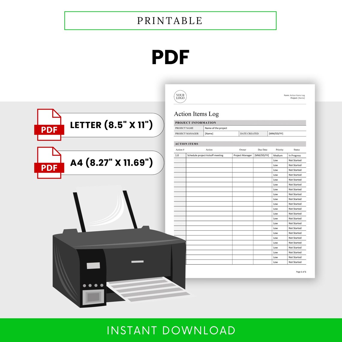 Simple Action Items Log Template (word, PDF) | Project Task Tracker ...