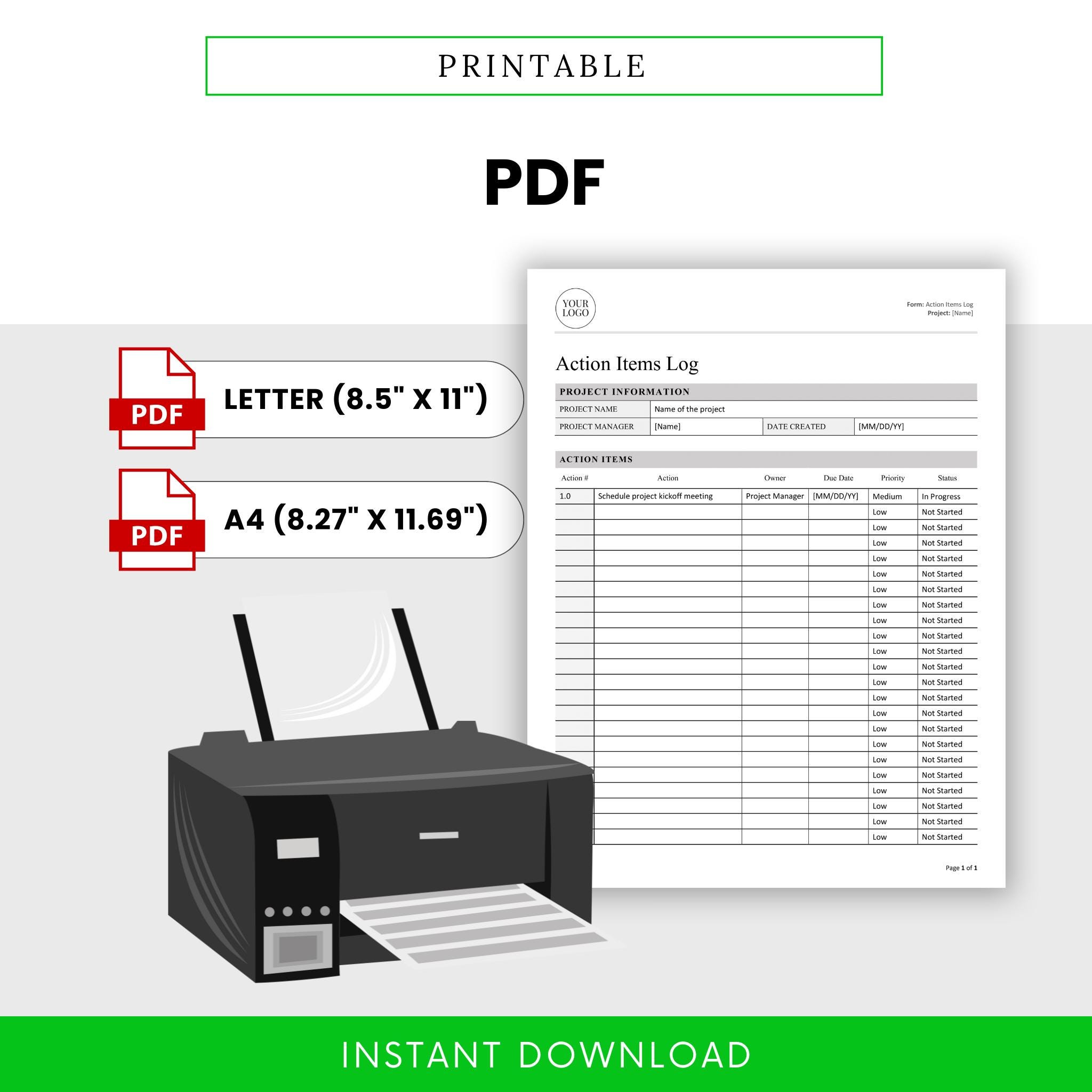 Simple Action Items Log Template (word, PDF) | Project Task Tracker ...