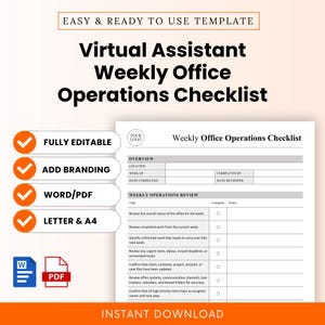 May include: A digital template titled Virtual Assistant Weekly Office Operations Checklist. The document includes sections for overview, location, week of, and a weekly operations review table with tasks, complete, and notes columns. Includes Word and PDF icons.
