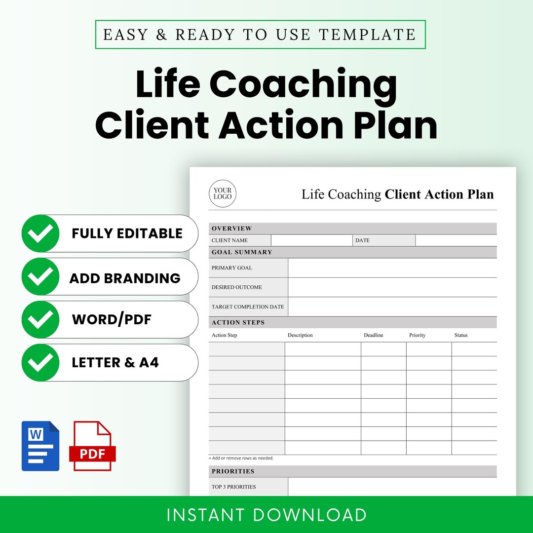 Client Action Plan Form Examples Life Coaching Client Action Plan Template – Word & PDF, A4 + US Letter ...