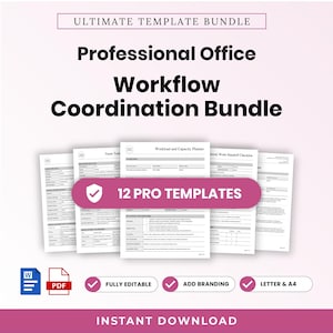 Op de afbeelding: Een digitale documentenset getiteld Ultimate Template Bundle Professional Office Workflow Coordination Bundle met 12 professionele sjablonen. De witte pagina's bevatten tekstvelden voor planning en checklists, met Word- en PDF-pictogrammen, plus labels voor volledig bewerkbaar, branding toevoegen, letter en A4, en directe download.