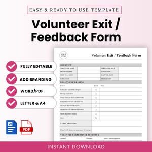 Könnte beinhalten: Eine digitale Vorlage für ein Volunteer Exit / Feedback Formular mit Abschnitten für Freiwilligendaten, Austrittsgründe und Feedback. Das Dokument enthält Textfelder für Logo, Name, Rolle und Datum sowie Auswahlkästchen für die Eingabe.