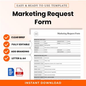 Pode incluir: Um modelo de formulário de solicitação de marketing digital com seções para detalhes da solicitação, informações do solicitante e escopo do projeto. O documento inclui espaços para logotipos, datas e contatos, com ícones para formatos Word e PDF.