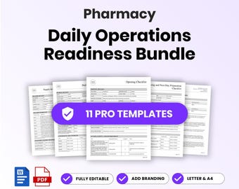 以下が含まれることがあります： Ultimate Template Bundle Pharmacy Daily Operations Readiness Bundleというタイトルのデジタルドキュメントセット。11種類のプロ用テンプレートが含まれており、開店や在庫管理のチェックリストなどがWordおよびPDF形式で、レターサイズとA4サイズで提供されています。