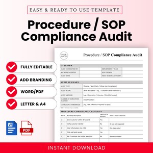 Puede incluir: Una plantilla para una Auditoría de Cumplimiento de Procedimientos / POE. El documento incluye secciones para la descripción general, el resumen de la auditoría y una lista de verificación de cumplimiento de procedimientos. Totalmente editable, añade tu marca, formatos Word/PDF y A4. Descarga instantánea.