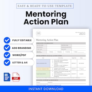 Puede incluir: Una plantilla de Plan de Acción de Mentoring en blanco y azul, con el texto "Mentoring Action Plan" en negrita. La plantilla incluye secciones para información del empleado, objetivos y pasos de acción. También se ven las palabras "Fully Editable", "Add Branding", "Word/PDF" y "Letter & A4".