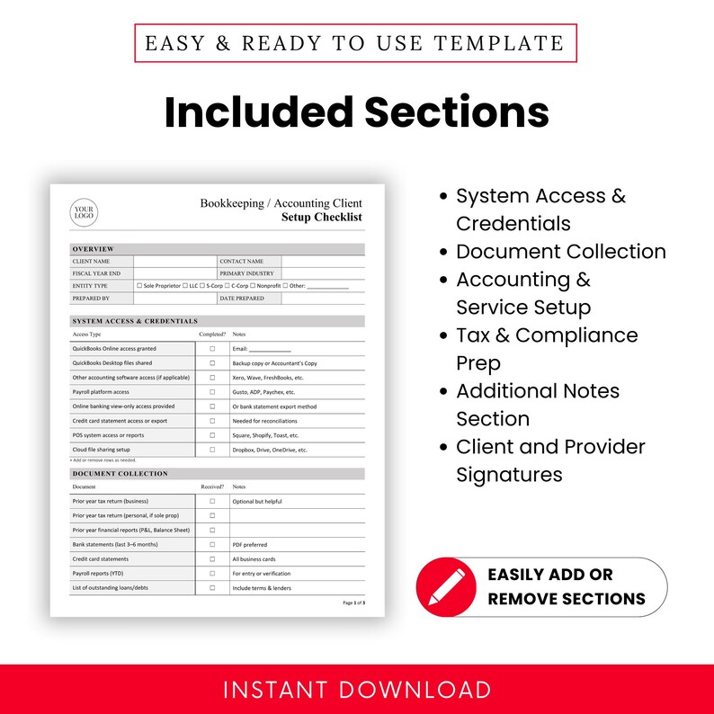 Bookkeeping / Accounting Client Setup Checklist Template – Word & PDF ...