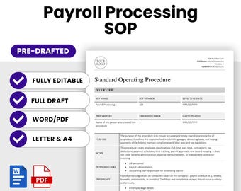 Payroll Processing SOP Template (Word, PDF) | Simple Standard Operating Procedure Template | Human Resources Business Document | Financial