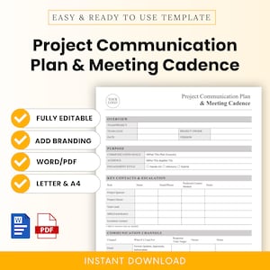 May include: A white template for a "Project Communication Plan & Meeting Cadence" with editable sections. It offers branding options, Word/PDF formats, and A4 sizes. The document is ready to use, as indicated by the text.