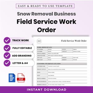Può includere: Un modello digitale per un ordine di lavoro di assistenza sul campo per un'impresa di sgombero neve. Il documento include sezioni per i dettagli dell'ordine, le informazioni sul cliente e la posizione del servizio, con icone.