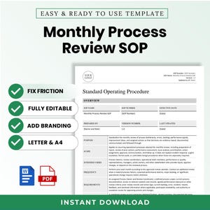 May include: A digital template for a Monthly Process Review SOP document. The layout includes sections for overview, purpose, scope, intended users, frequency, and requirements. Features include green checkmarks, text for fix friction, fully editable, add branding, letter and A4, and icons for Word and PDF files.