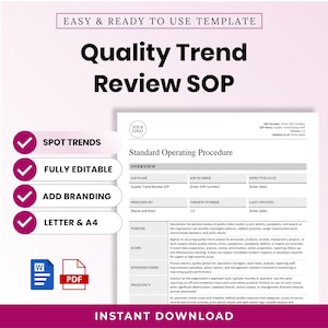 May include: A Quality Trend Review SOP template document featuring sections for overview, purpose, scope, intended users, and frequency. The document includes placeholders for logo, SOP number, version, and date, with icons for Word and PDF formats.