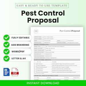 Może przedstawiać: Biało-zielony szablon zatytułowany "Pest Control Proposal" z polami do edycji. Dokument zawiera sekcje dotyczące informacji o projekcie, zakresu prac i użytych chemikaliów. Szablon jest dostępny do natychmiastowego pobrania.
