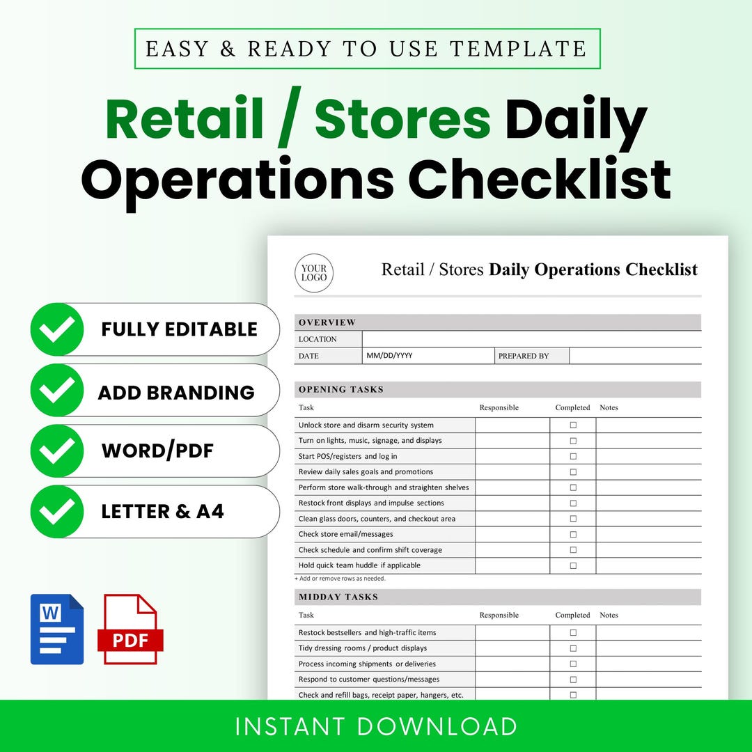 Retail / Stores Daily Operations Checklist Template – Word & PDF, A4 ...
